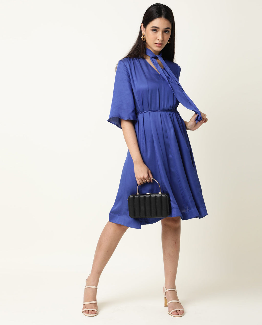 Rareism Women's Yeme Blue V-Neck Plain Flared Sleeve Knee Length Regular Fit Dress