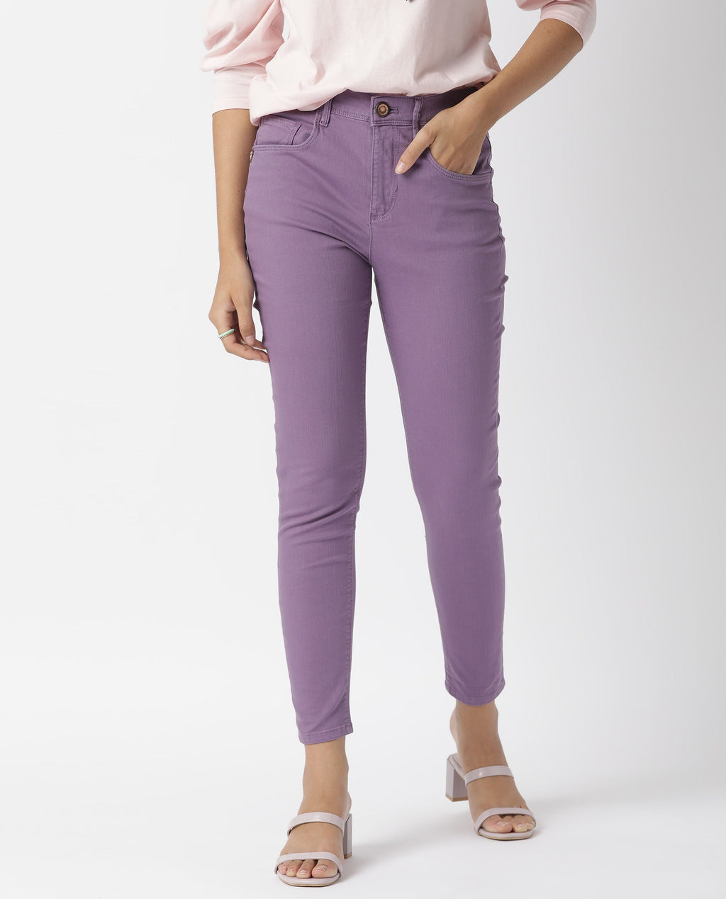 Rareism Women's Metty Purple Cotton Blend Plain Ankle Length Slim Fit Jeans