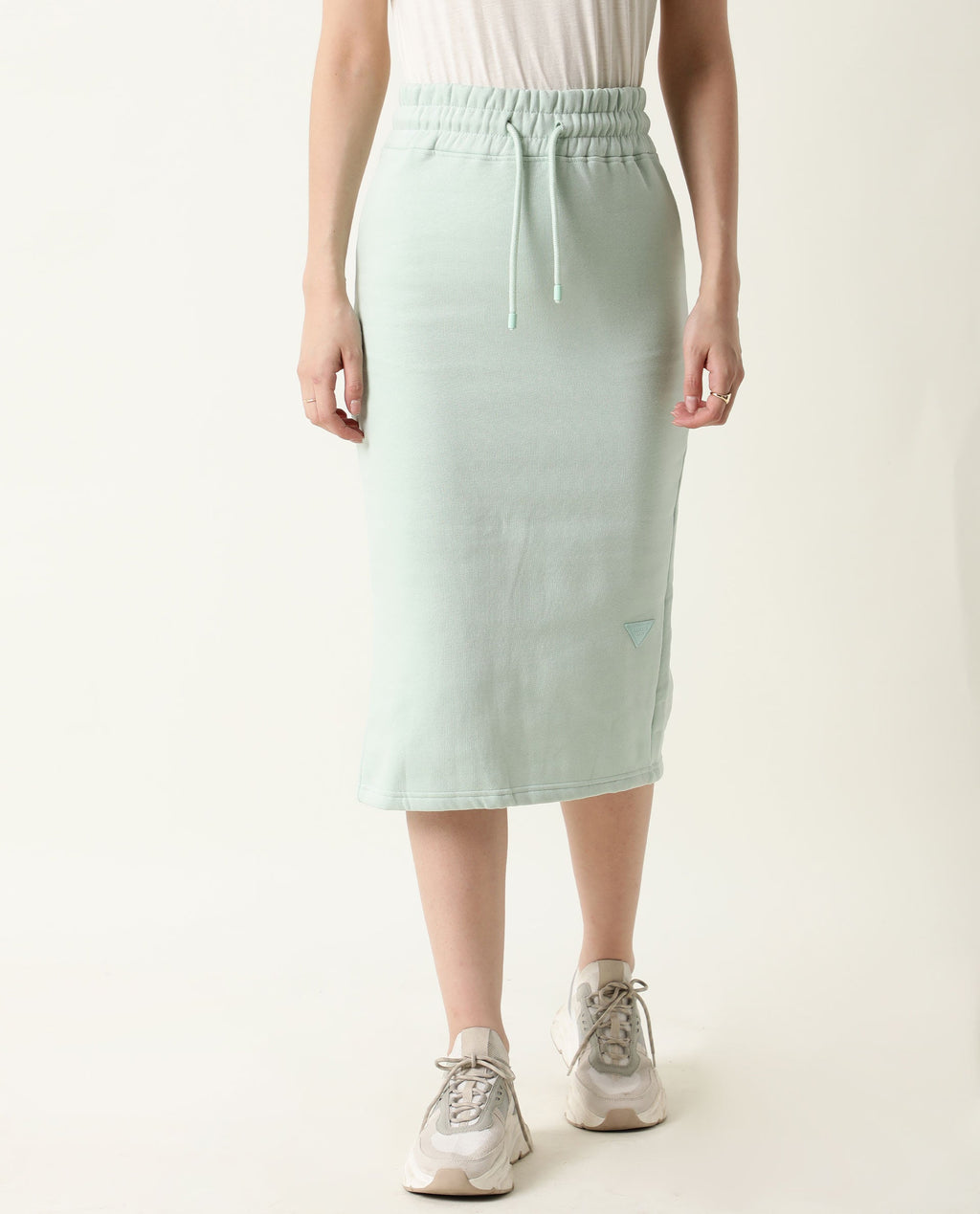 Rareism Women's Fudge Green Polyester Blend Plain Midi Tailored Skirt