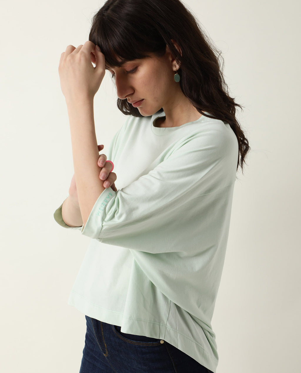 Rareism Women's Osmo Green Crew Neck Plain Knee Length Tailored Top