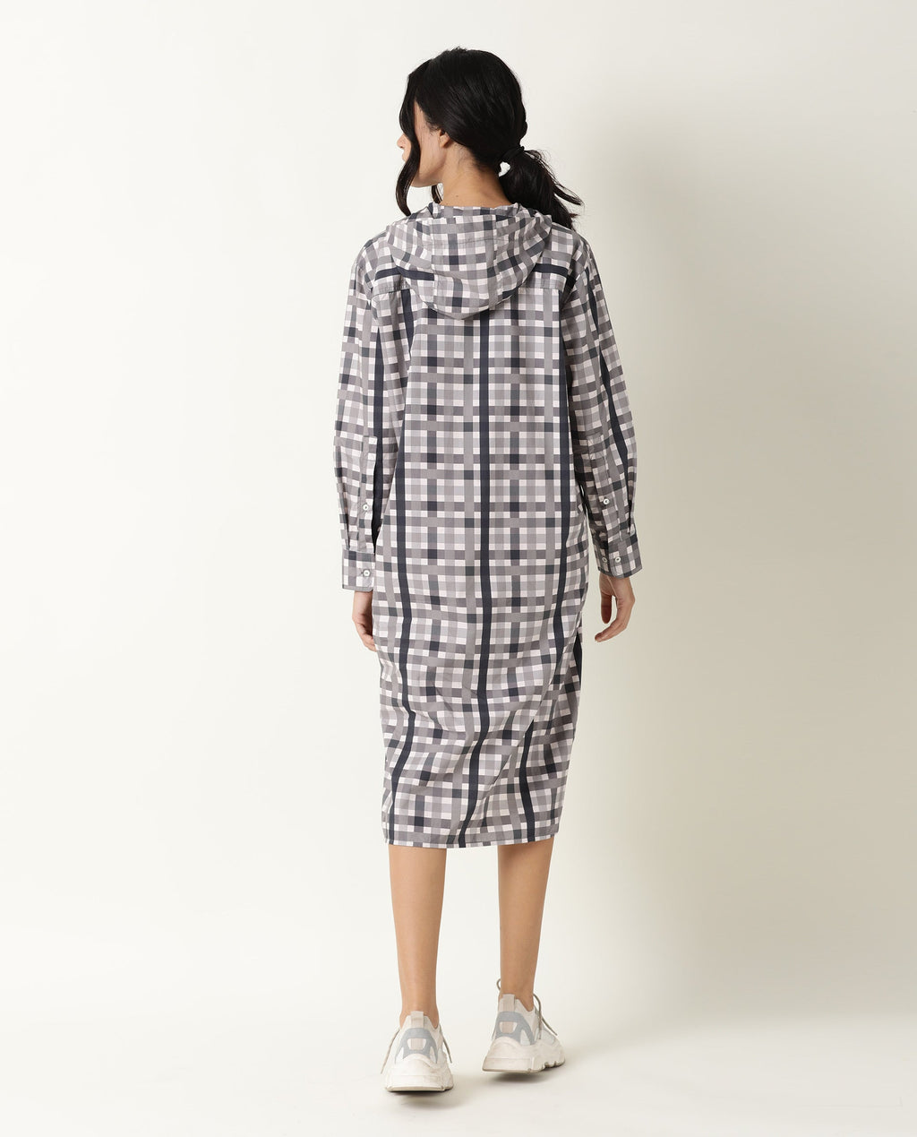 Rareism Women's Loreal Grey Hooded Checked Knee Length Regular Fit Dress