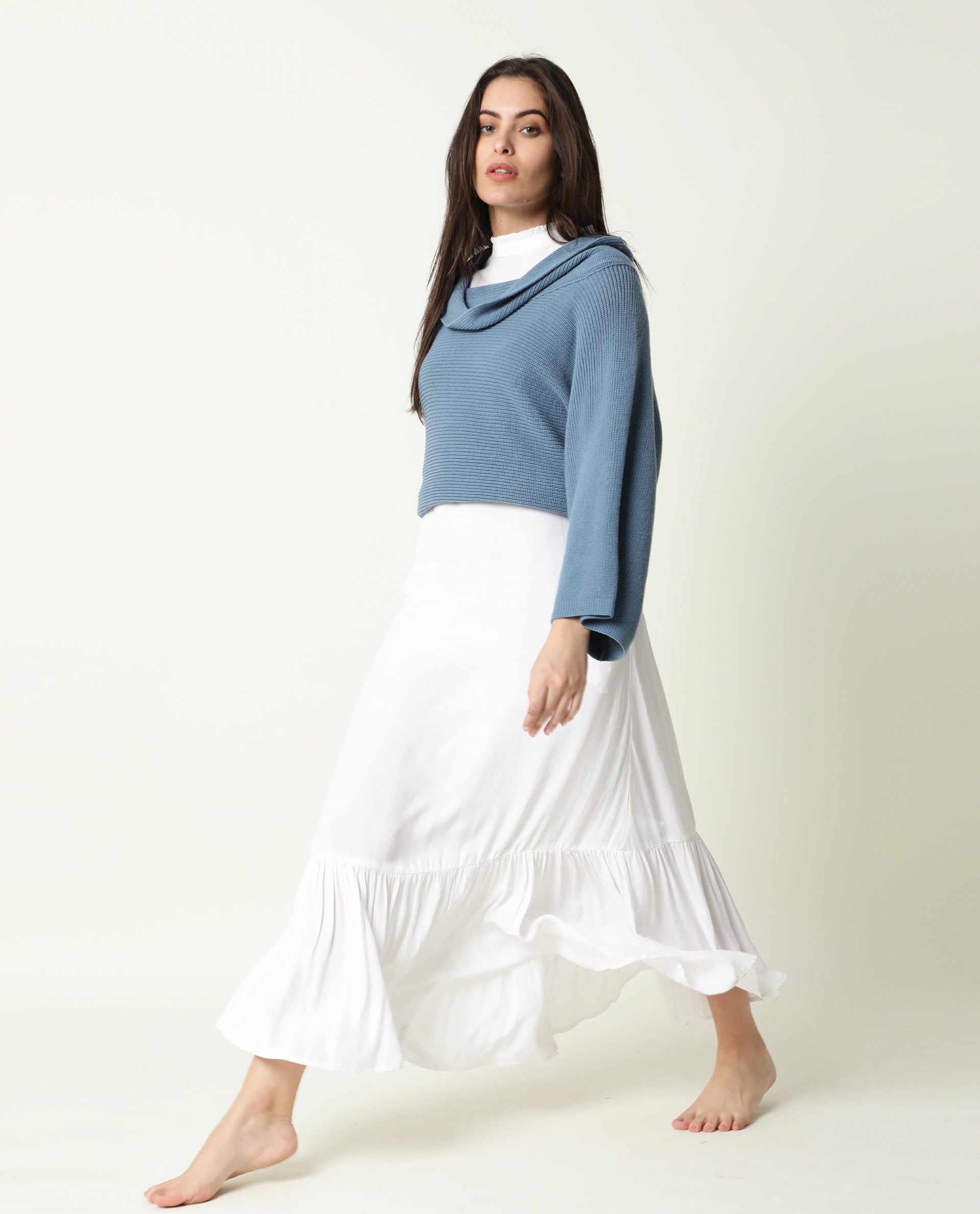 Rareism Women's Cleo Blue Cowl Neck Plain Relaxed Fit Sweater