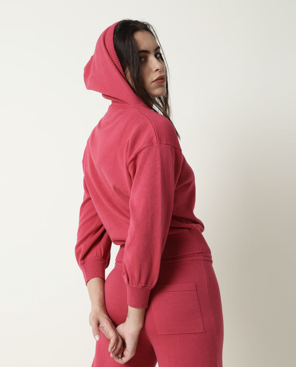 Rareism Women's Finn Light Pink Cotton Hooded Plain Knee Length Straight Fit Track Suit