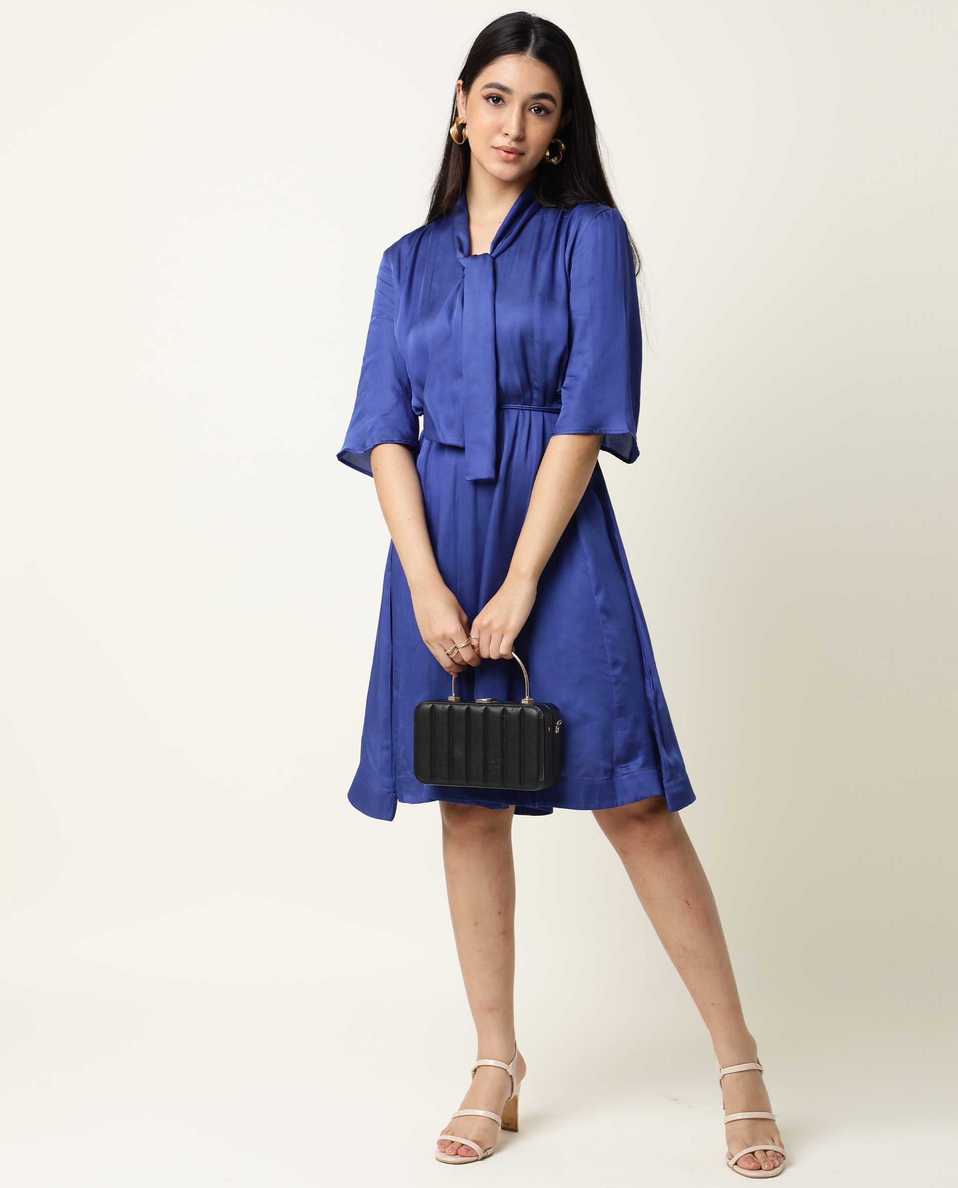 Rareism Women's Yeme Blue V-Neck Plain Flared Sleeve Knee Length Regular Fit Dress