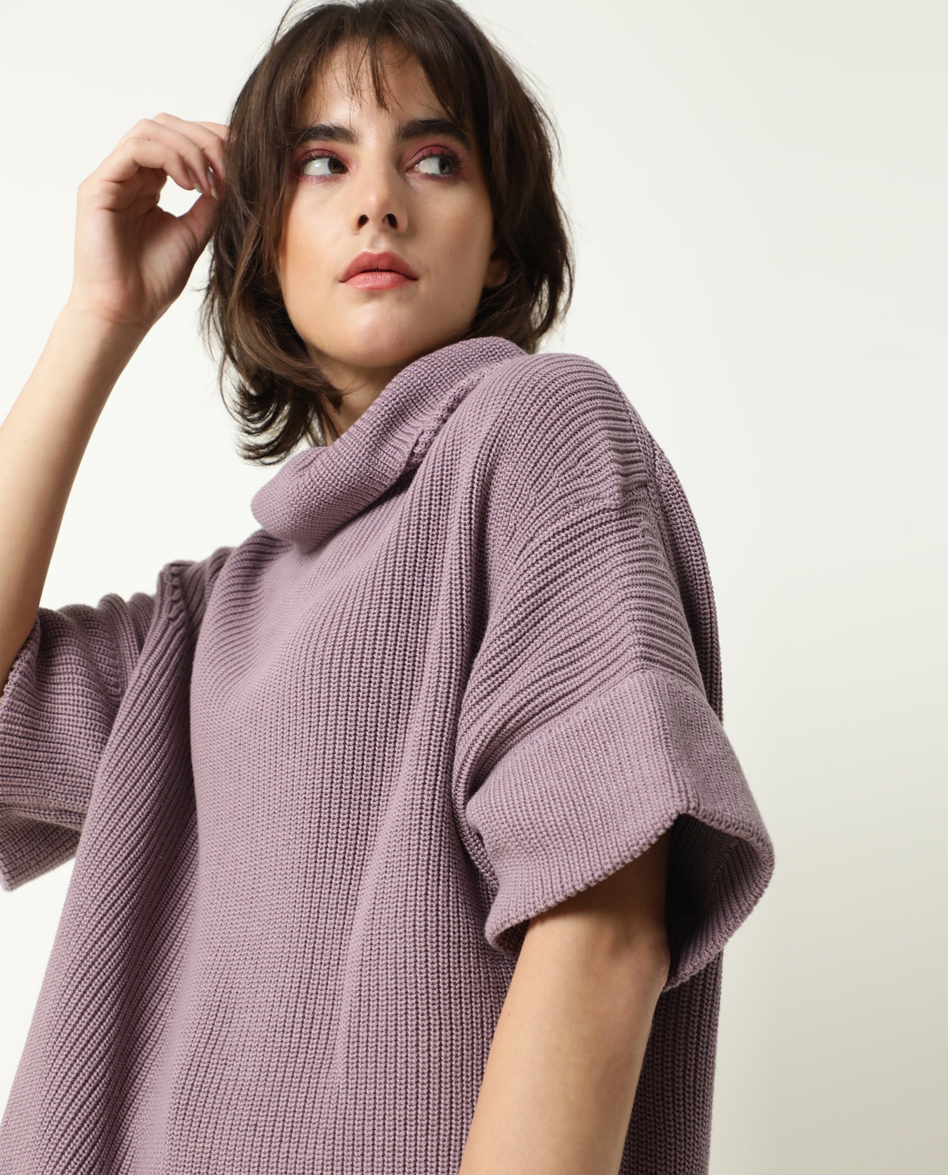 Rareism Women's Daffy Purple Cotton Cowl Neck Plain Cuffed Sleeve Relaxed Fit Sweater