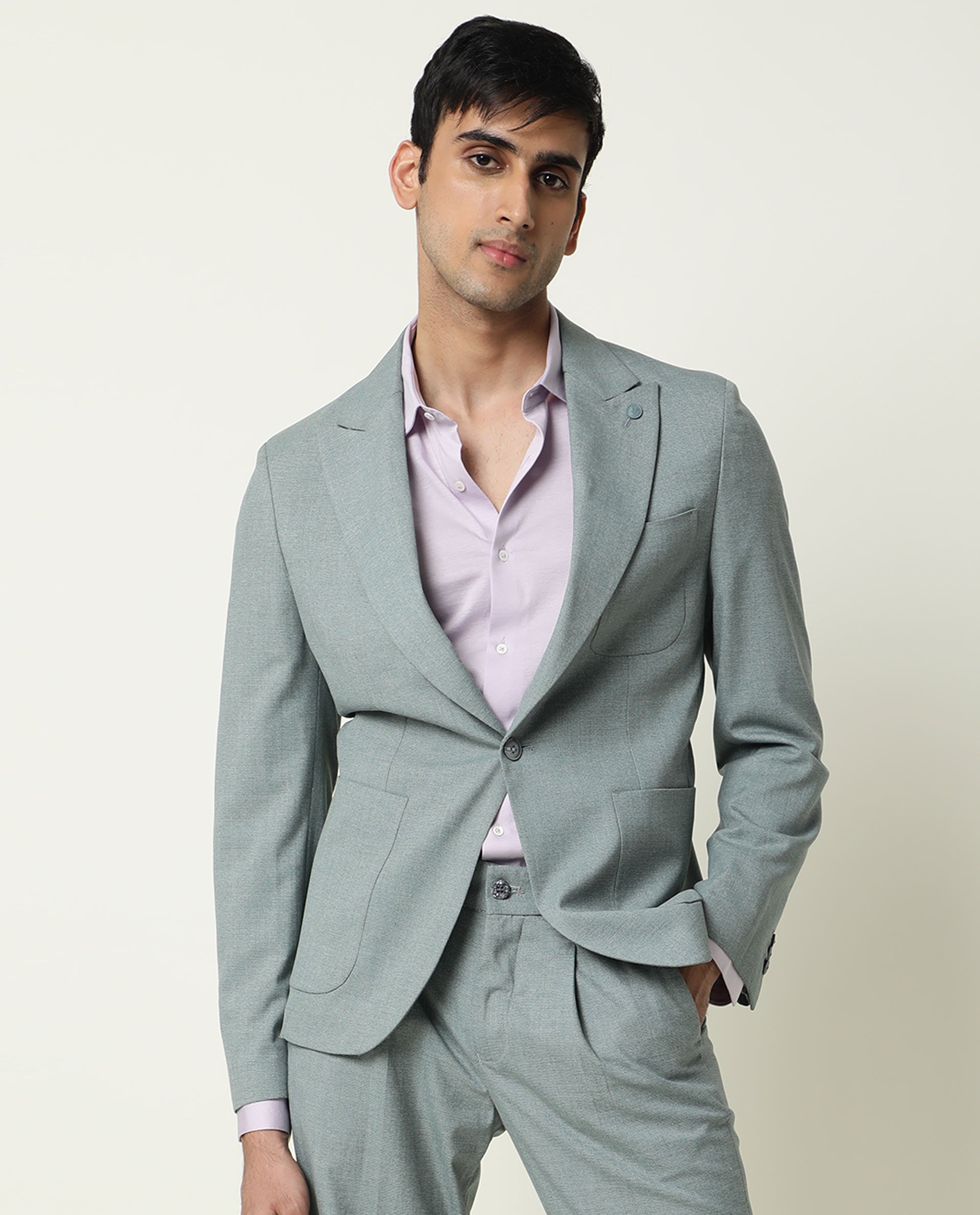Rare Rabbit Men's Dexit Green Polyester Plain Tailored Fit Full Sleeve Lapel Neck Blazer