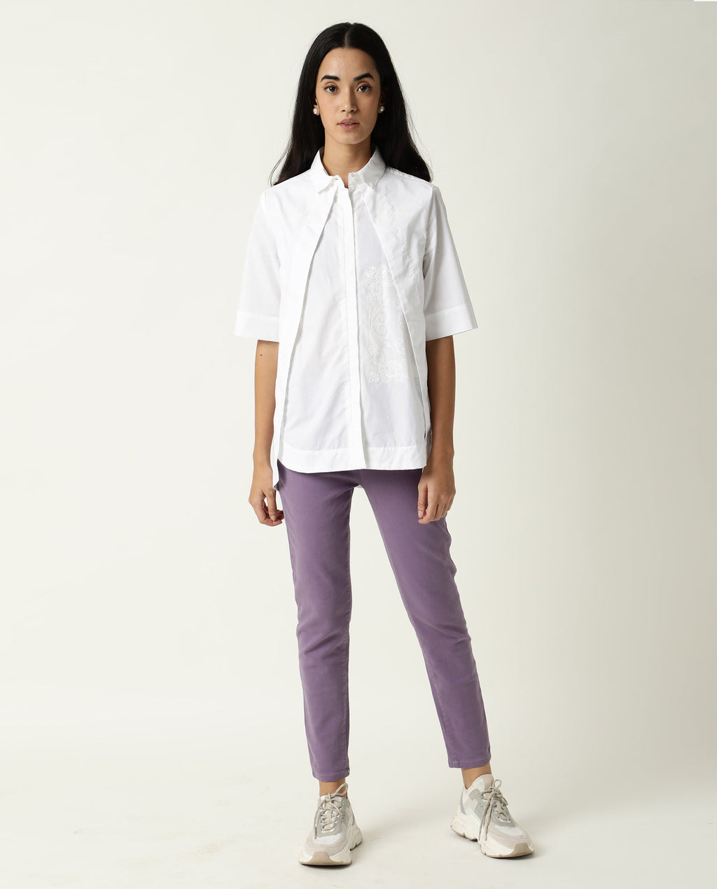 Rareism Women's Flick White Cotton Spread Collar Plain Regular Fit Top