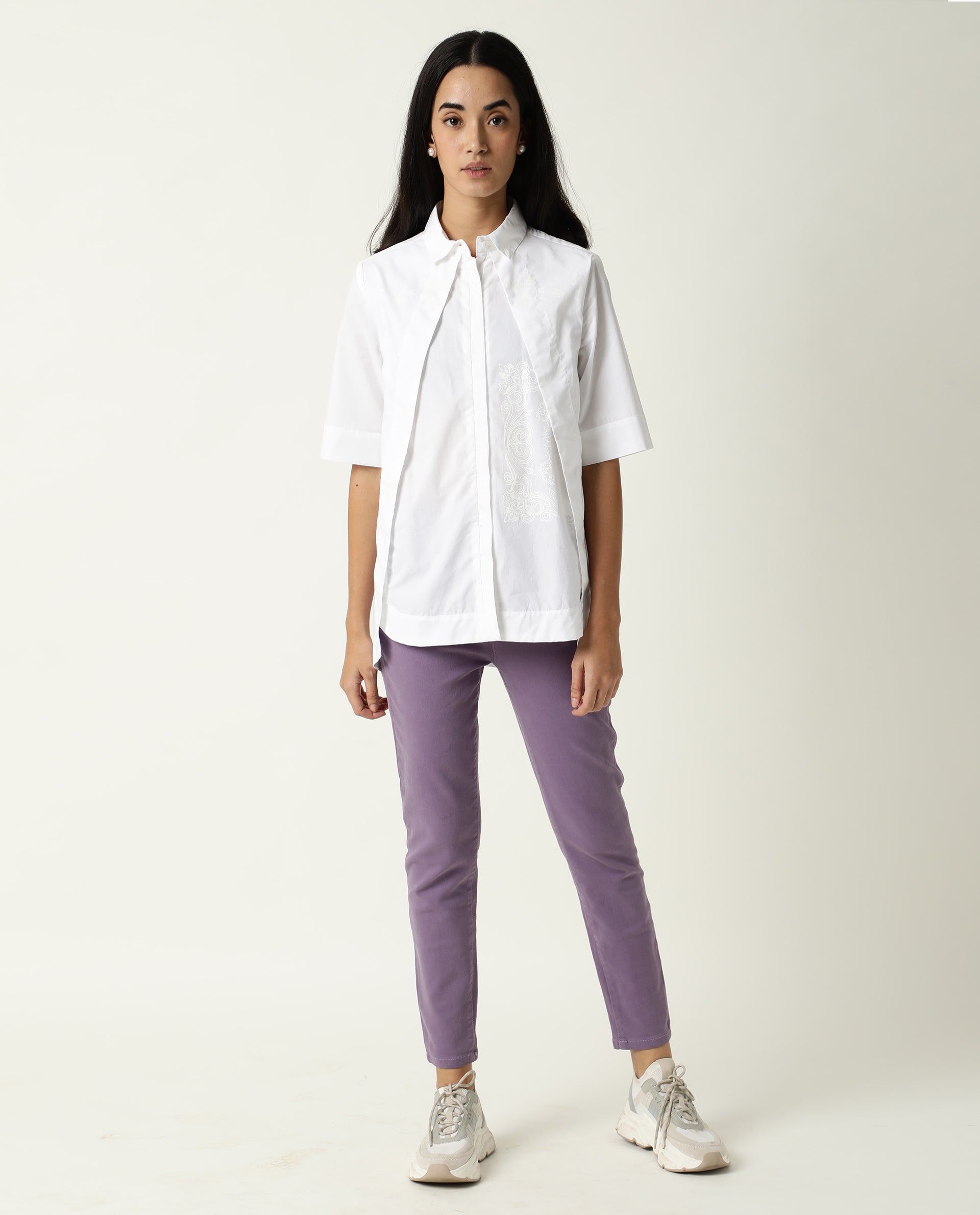 Rareism Women's Flick White Cotton Spread Collar Plain Regular Fit Top