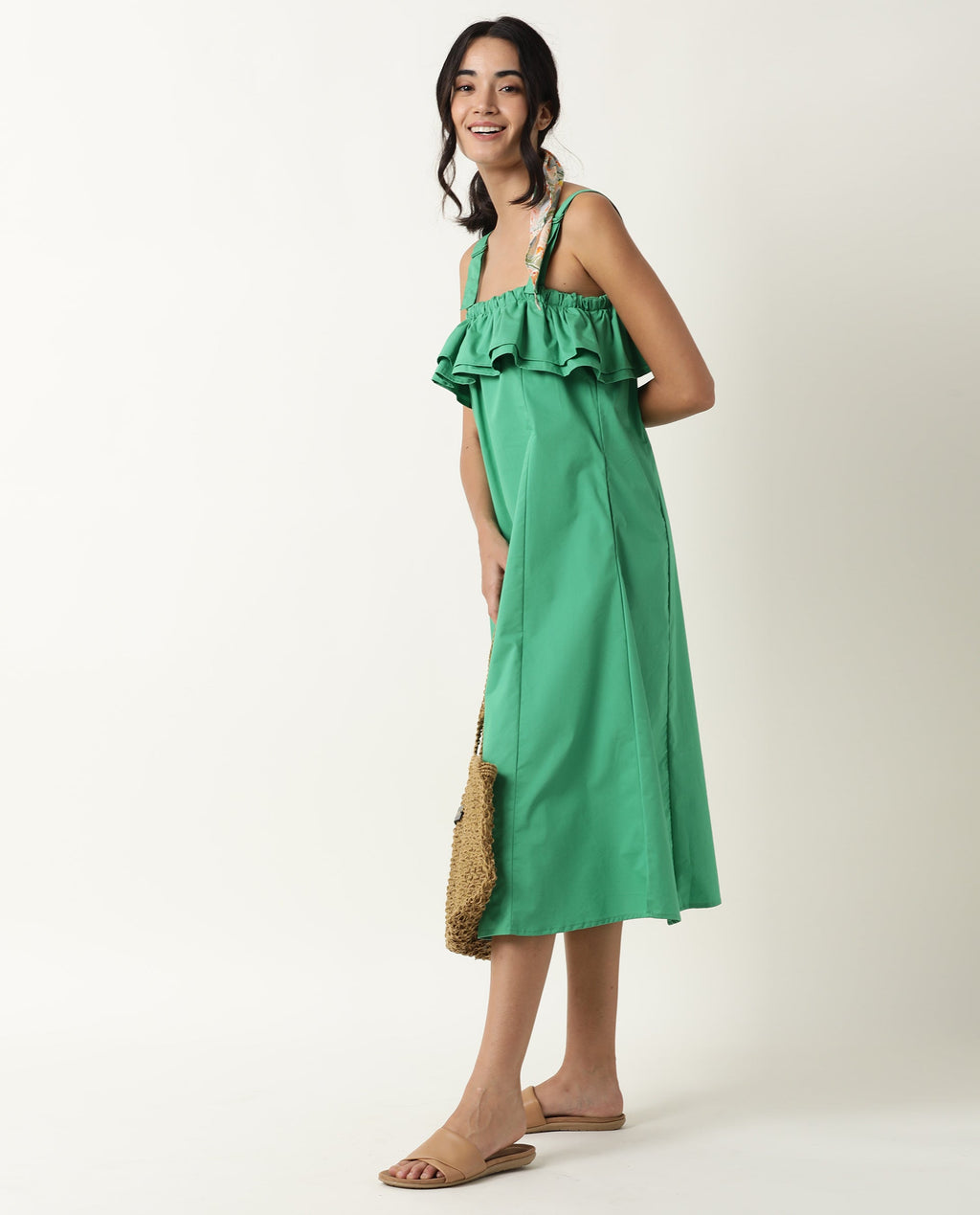 Rareism Women's Shallow Green Cotton Blend Tube Neck Plain Sleeveless Knee Length Regular Fit Dress