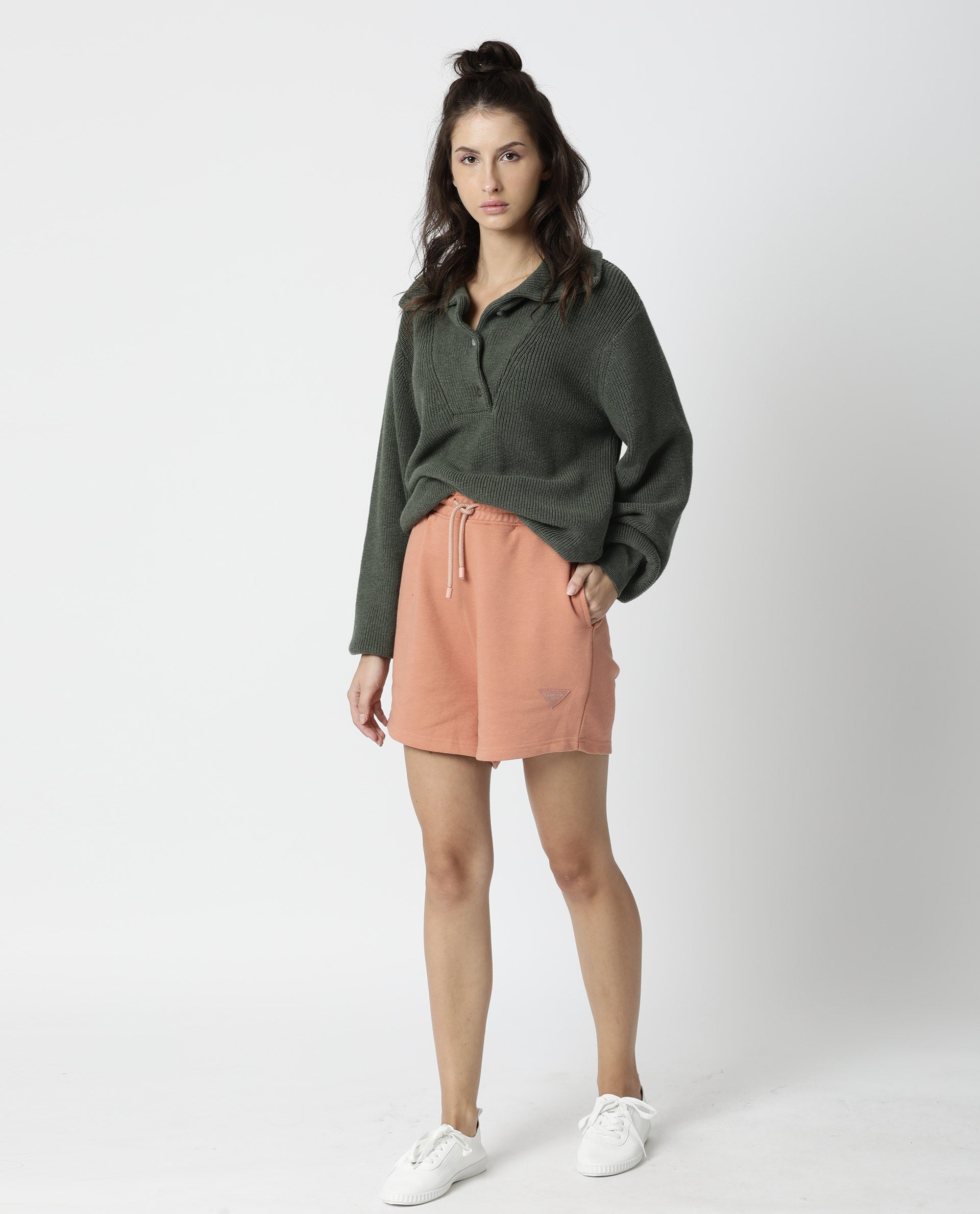 Rareism Women's Spence-1 Orange Polyester Blend Plain Mini Regular Fit Shorts
