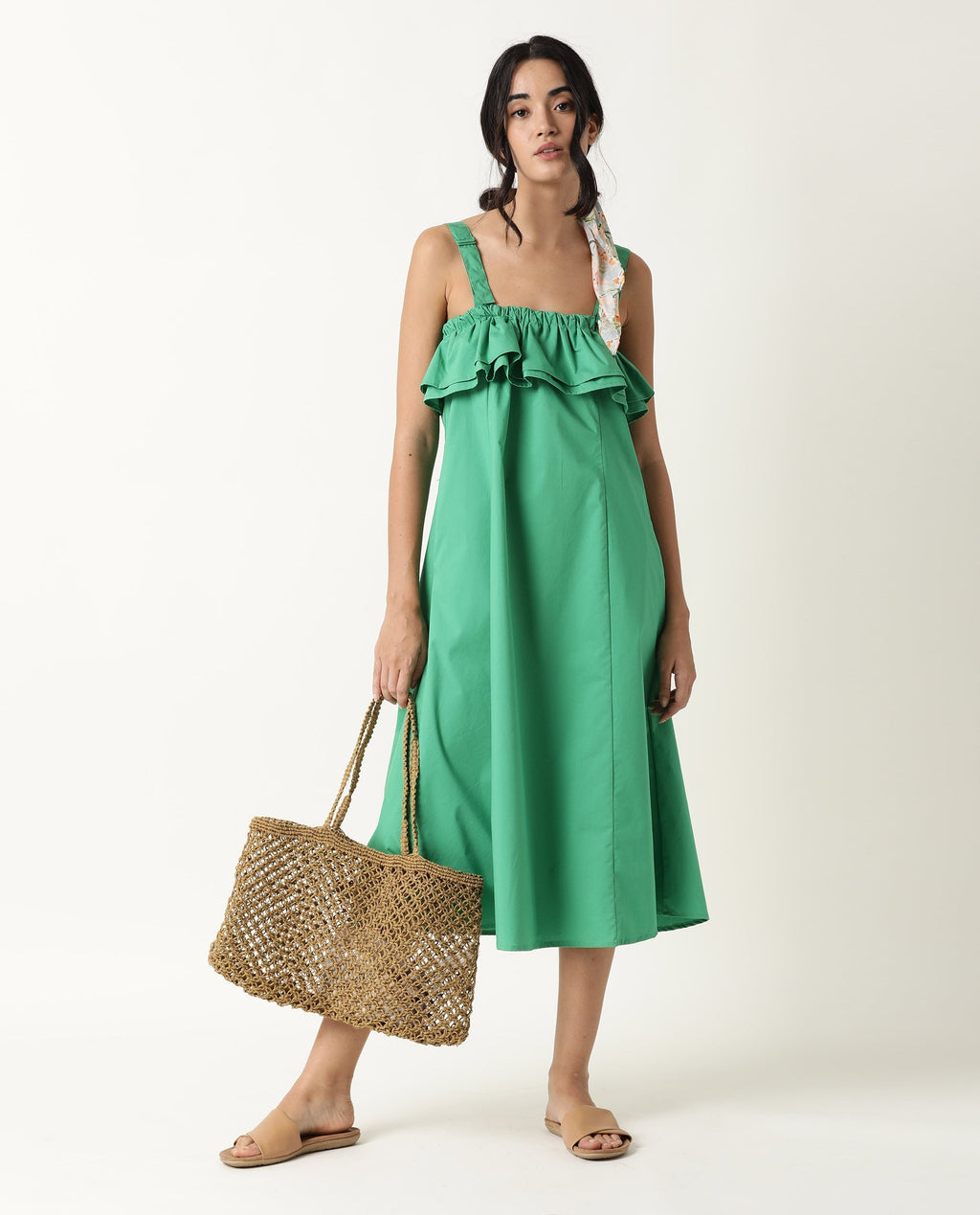 Rareism Women's Shallow Green Cotton Blend Tube Neck Plain Sleeveless Knee Length Regular Fit Dress