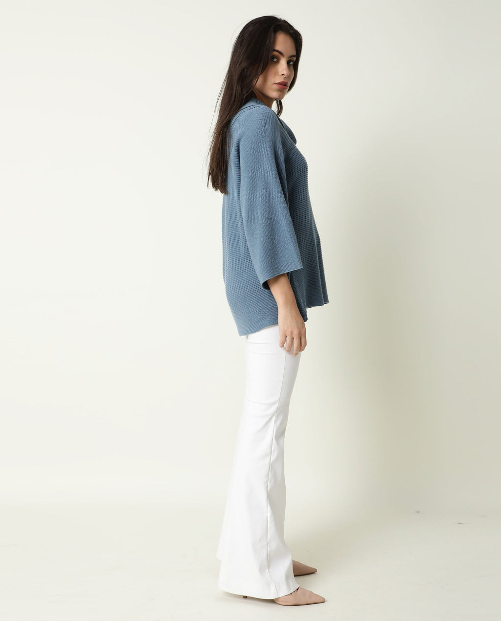 Rareism Women's Cleo Blue Cowl Neck Plain Relaxed Fit Sweater