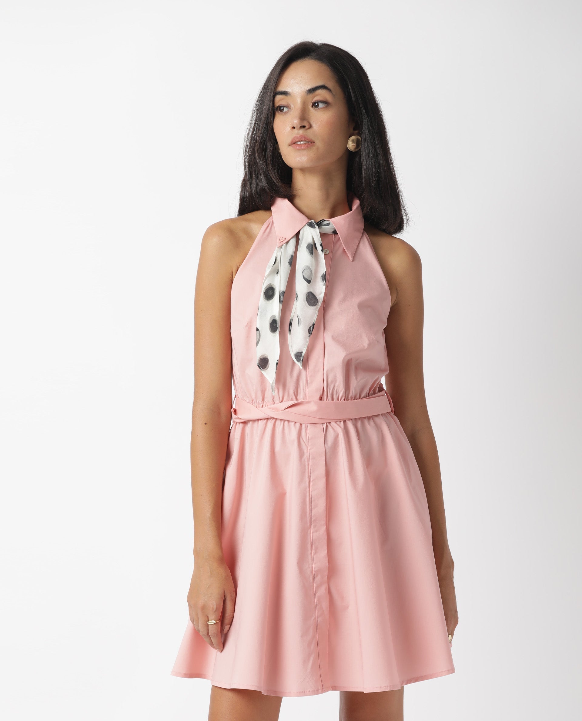 Rareism Women's Bessie Peach Spread Collar Plain Sleeveless Knee Length Regular Fit Dress