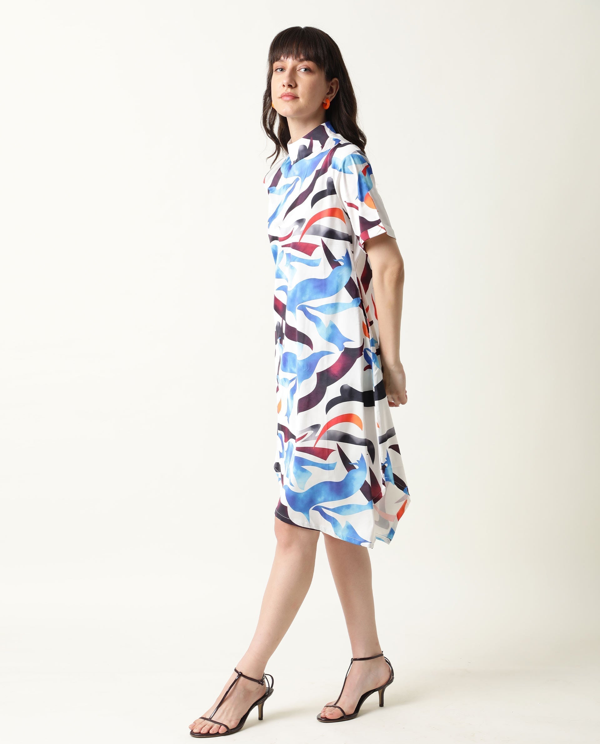Rareism Women's Saler White Modal Blend Sweetheart Neck Abstract Print Knee Length Regular Fit Dress