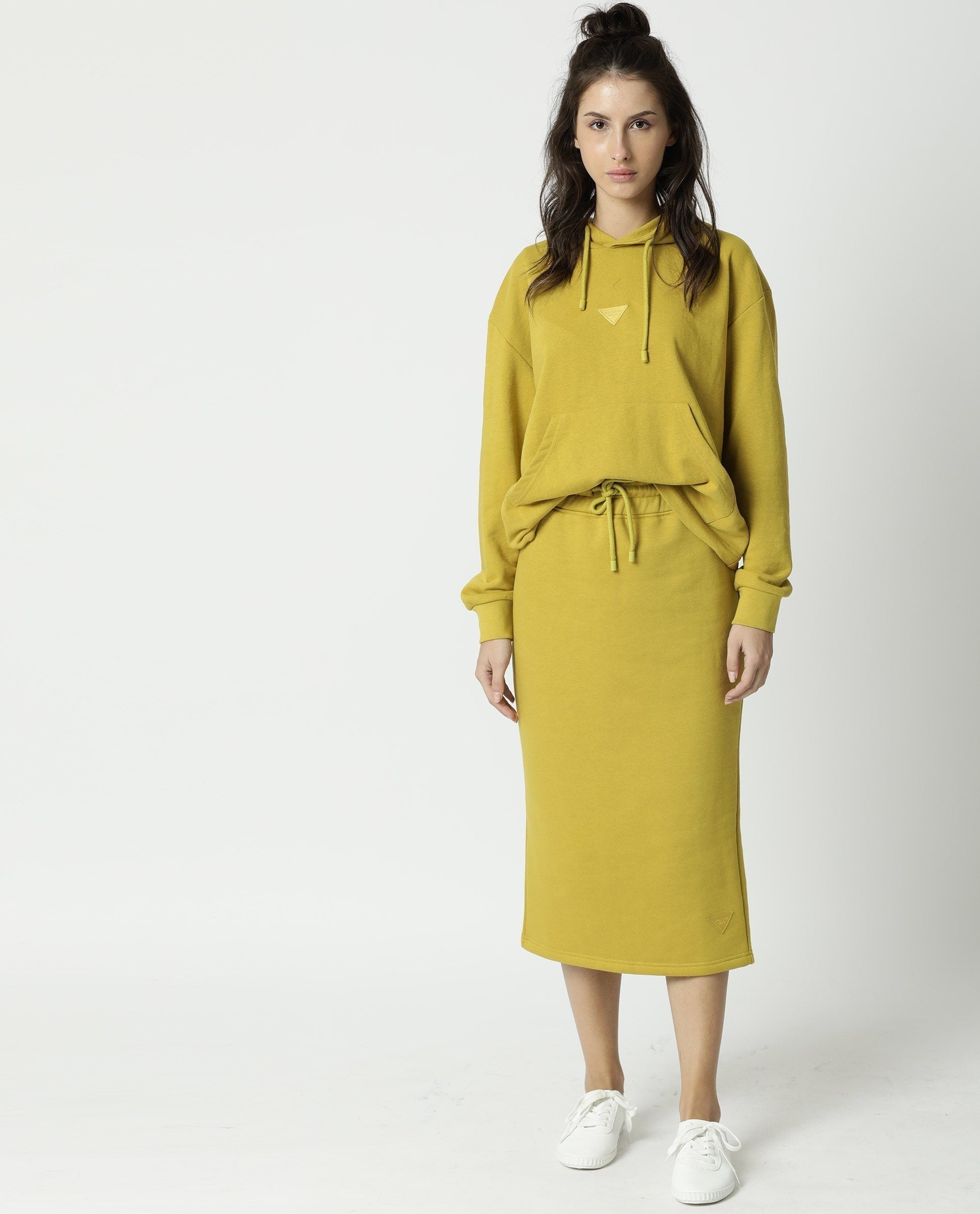 Rareism Women's Fudge Yellow Polyester Blend Plain Midi Tailored Skirt