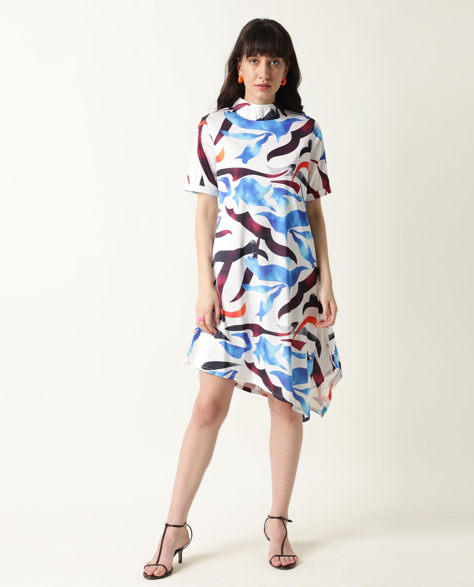 Rareism Women's Saler White Modal Blend Sweetheart Neck Abstract Print Knee Length Regular Fit Dress