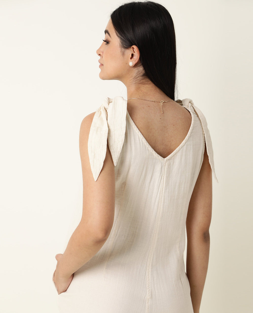 Rareism Women's Peanut Beige Cotton V-Neck Plain Sleeveless Knee Length Tailored Jumpsuit
