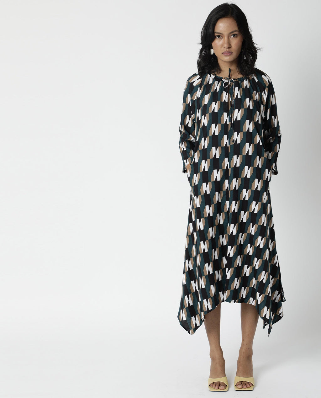 Rareism Womens Matan Green Dress Knee Length Boxy Fit Collar Neck Cotton Silk Fabric