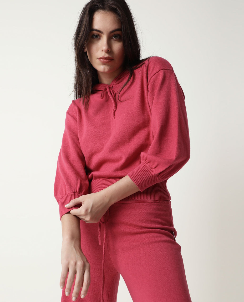 Rareism Women's Finn Light Pink Cotton Hooded Plain Knee Length Straight Fit Track Suit