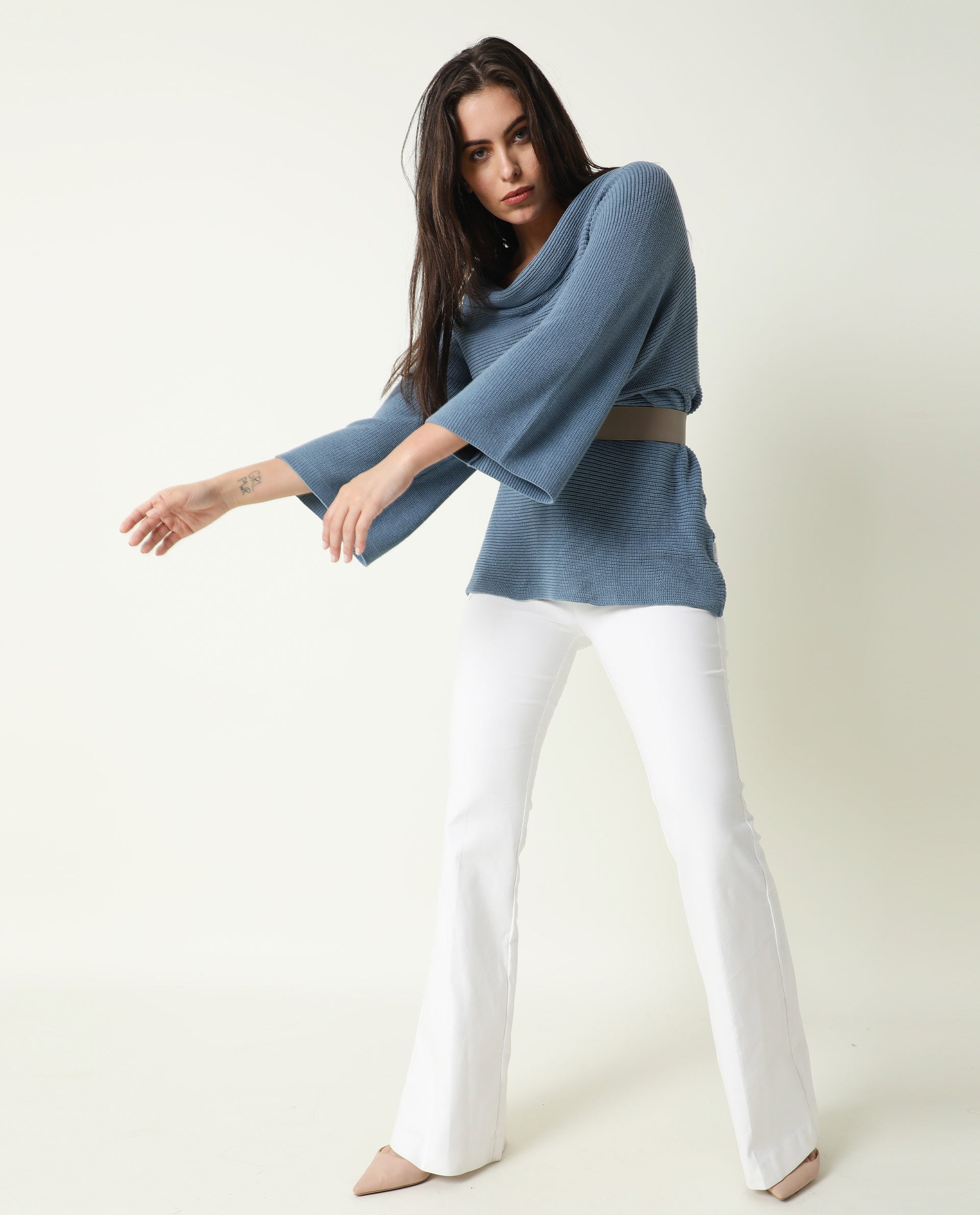 Rareism Women's Cleo Blue Cowl Neck Plain Relaxed Fit Sweater