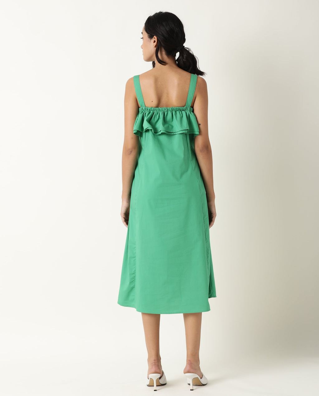 Rareism Women's Shallow Green Cotton Blend Tube Neck Plain Sleeveless Knee Length Regular Fit Dress