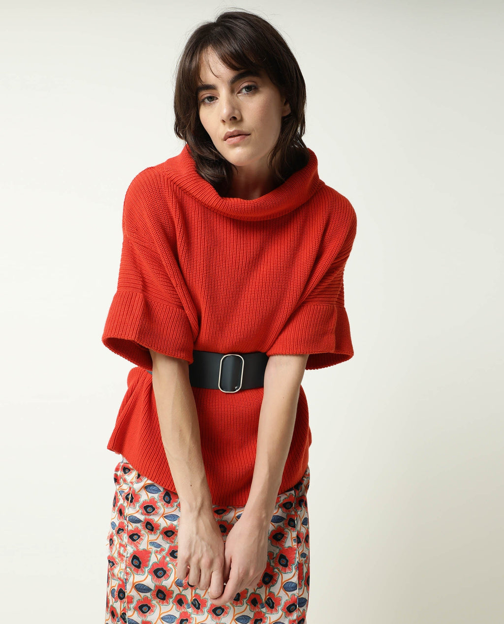 Rareism Women's Daffy Orange Cotton Cowl Neck Plain Cuffed Sleeve Relaxed Fit Sweater
