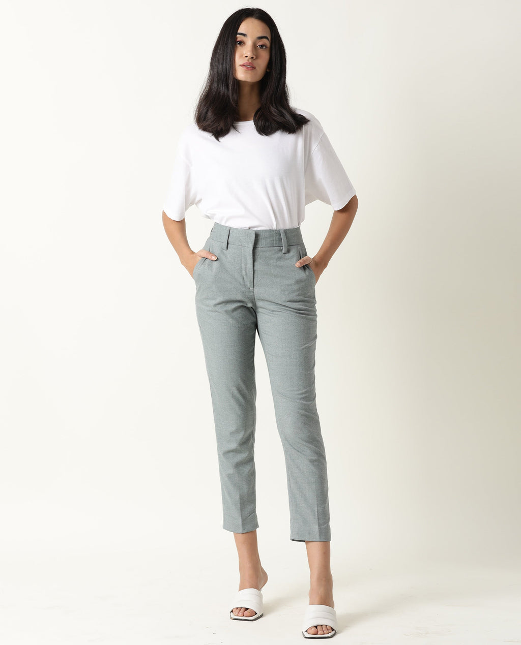 Rareism Women's Ophilia Green Cotton Solid Trouser