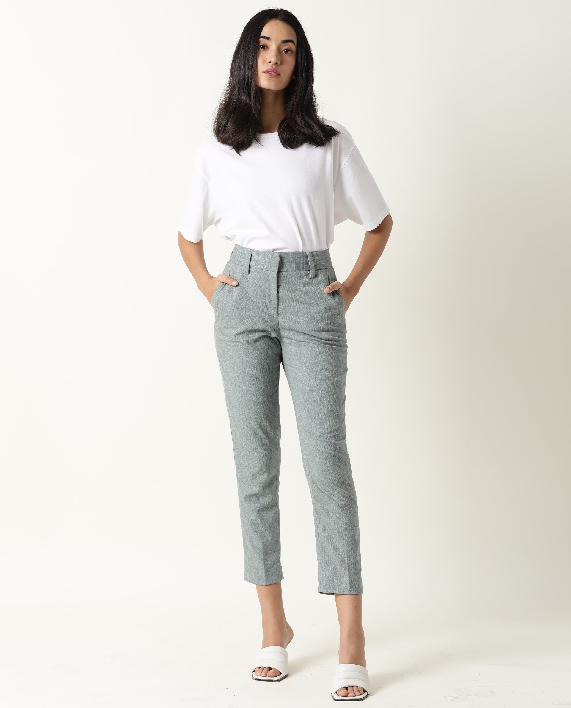 Rareism Women's Ophilia Green Cotton Solid Trouser