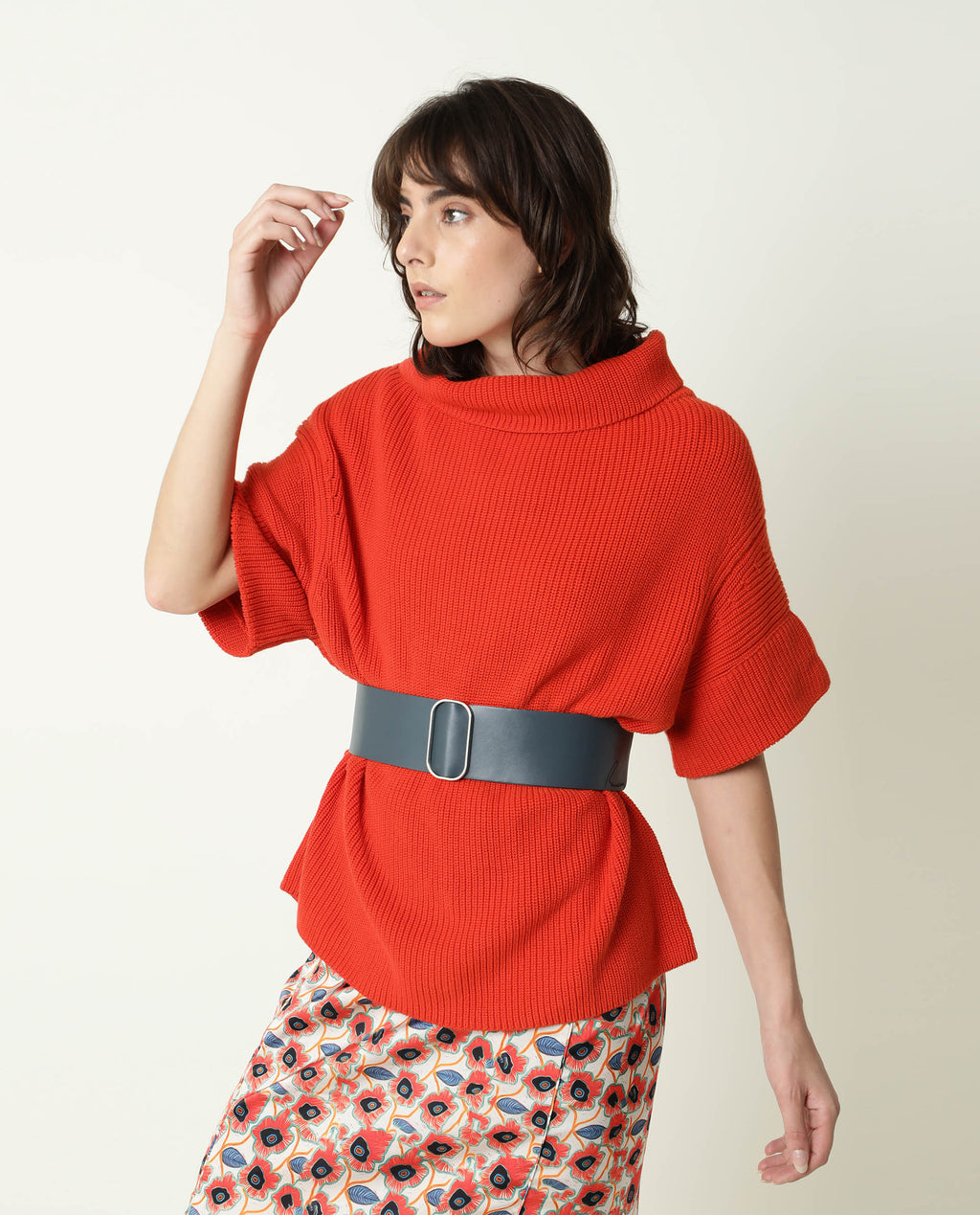 Rareism Women's Daffy Orange Cotton Cowl Neck Plain Cuffed Sleeve Relaxed Fit Sweater