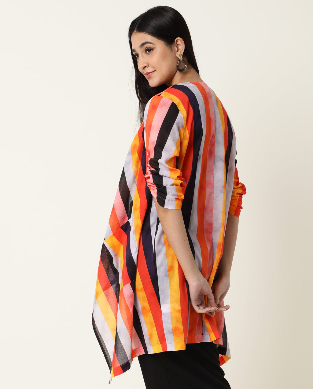 Rareism Women's Maaza Multi Cotton Collarless Striped Relaxed Fit Shrug
