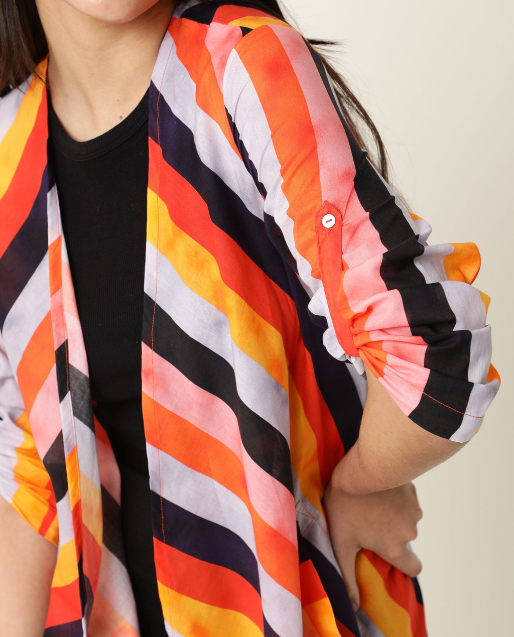Rareism Women's Maaza Multi Cotton Collarless Striped Relaxed Fit Shrug