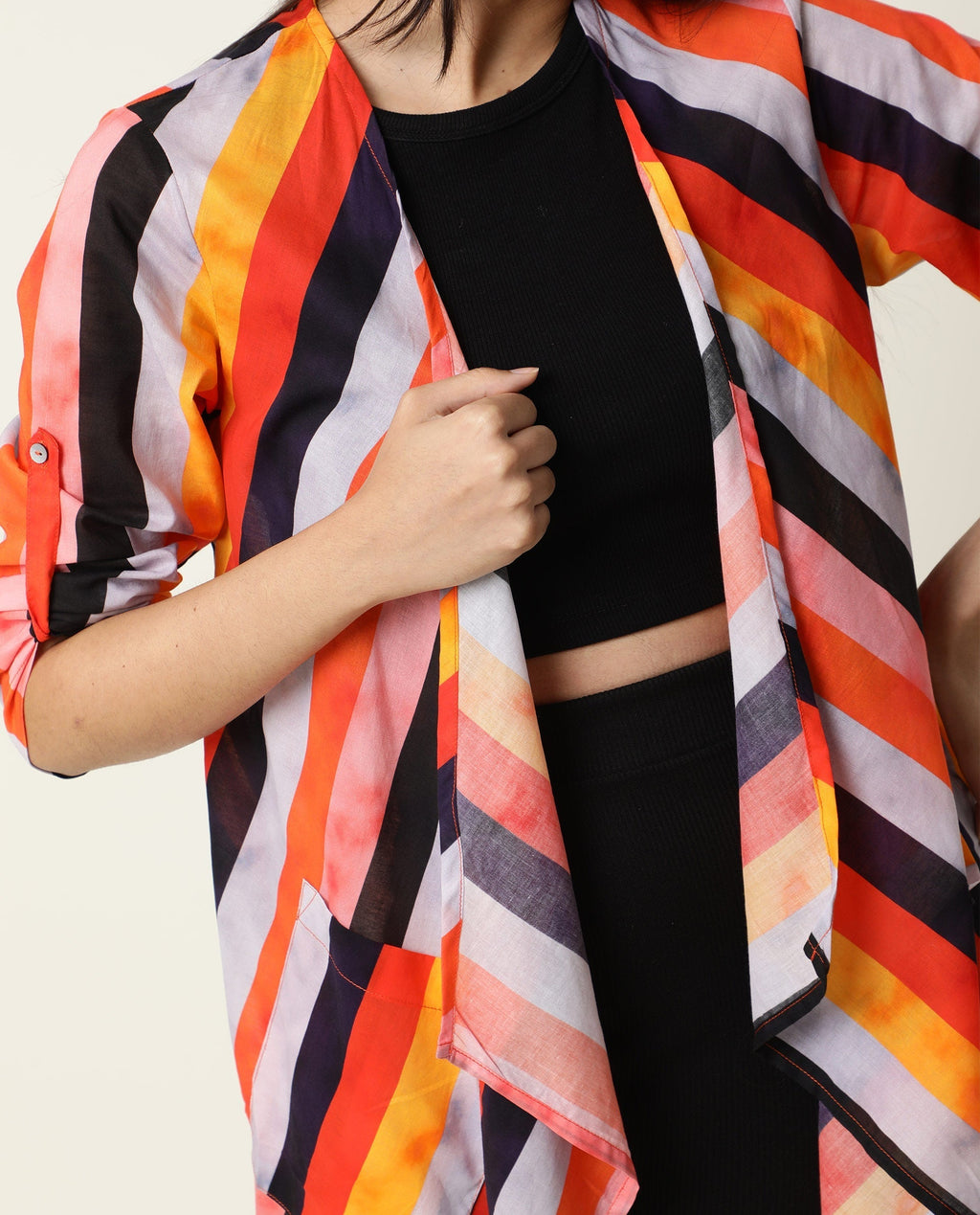 Rareism Women's Maaza Multi Cotton Collarless Striped Relaxed Fit Shrug