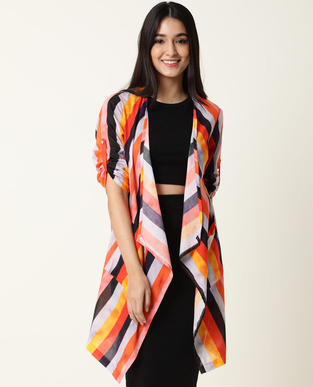 Rareism Women's Maaza Multi Cotton Collarless Striped Relaxed Fit Shrug