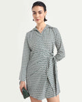Rareism Women's Mackay Green Polyester Drop Collar Geometric Print Mini Regular Fit Dress