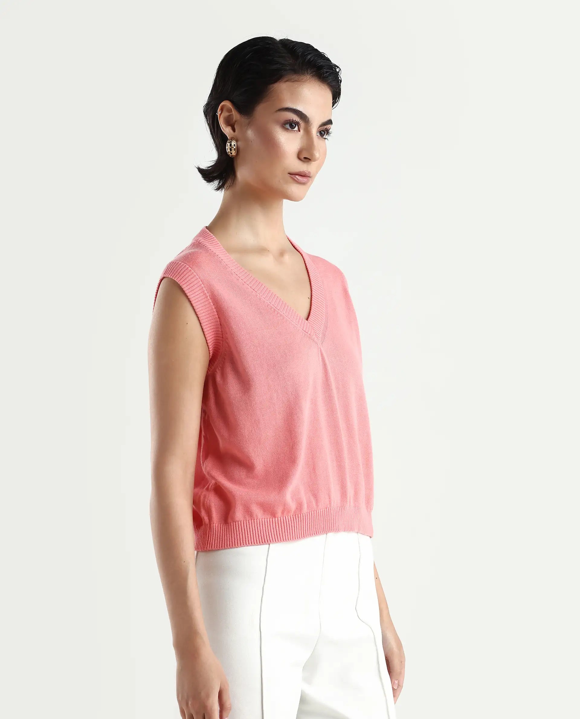 Rareism Women's Madelyn Pink Cotton V-Neck Plain Sleeveless Regular Fit Sweater