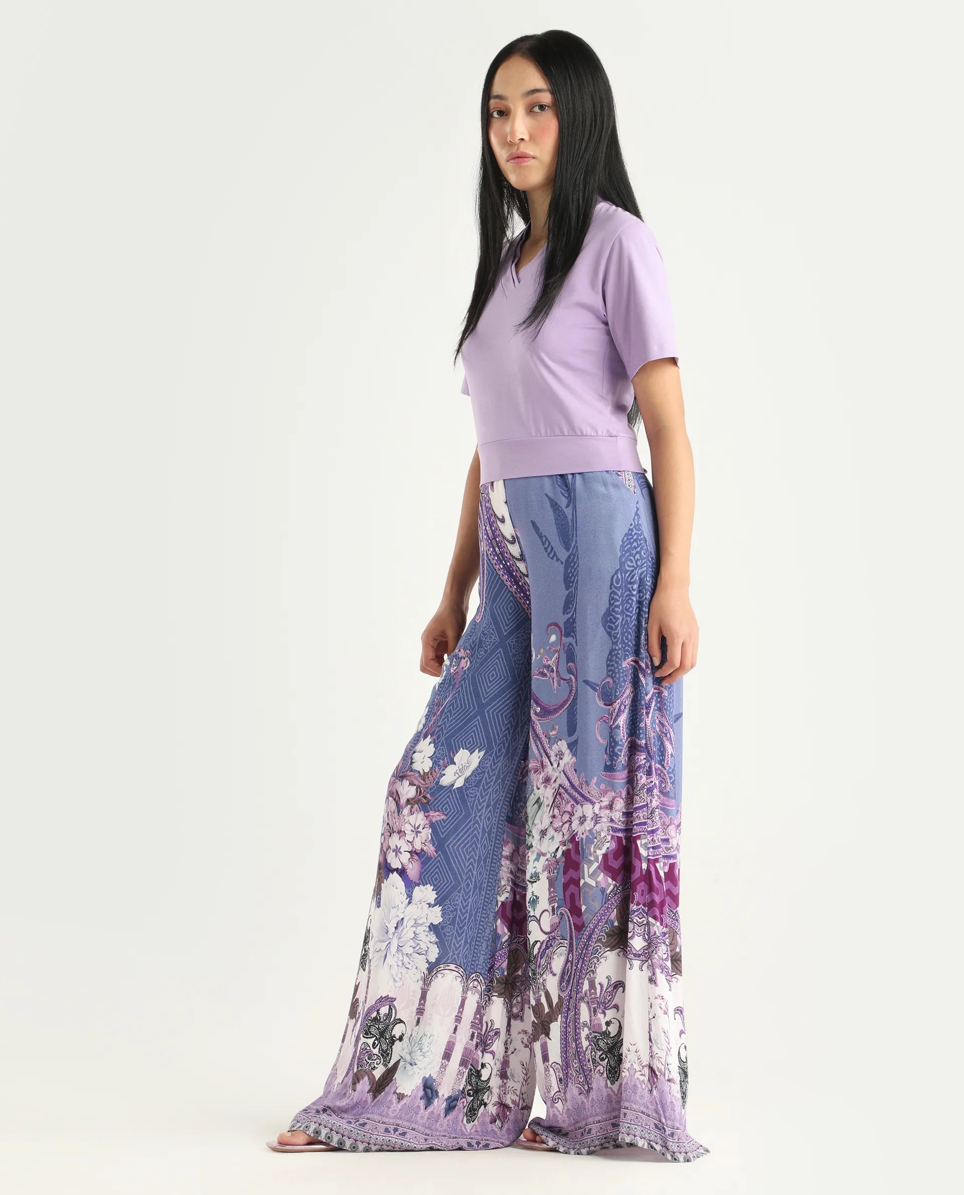 Rareism Women's Makiato Dusky Purple Viscose Blend Floral Print Ankle Length Flared Trouser