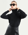 Rareism Women's Malatya Black Cotton Blend Polo Neck Plain Slim Fit Top