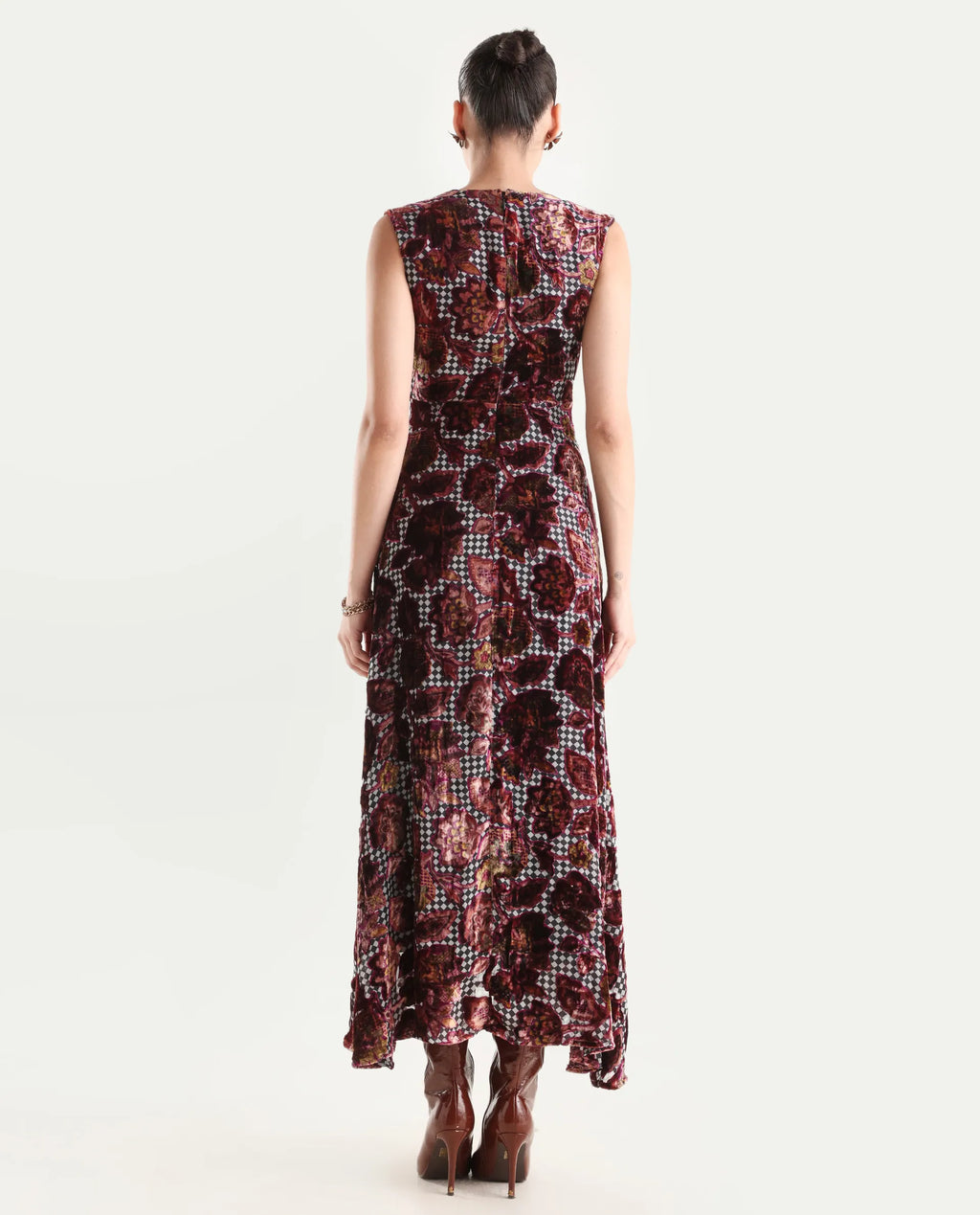 Rareism Women's Manila Multi Velvet V-Neck Floral Print Maxi Fit And Flare Dress
