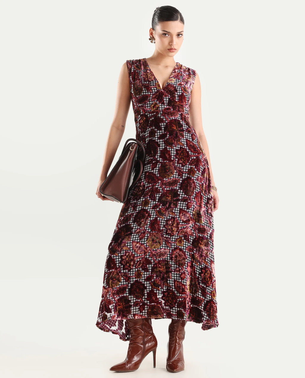 Rareism Women's Manila Multi Velvet V-Neck Floral Print Maxi Fit And Flare Dress