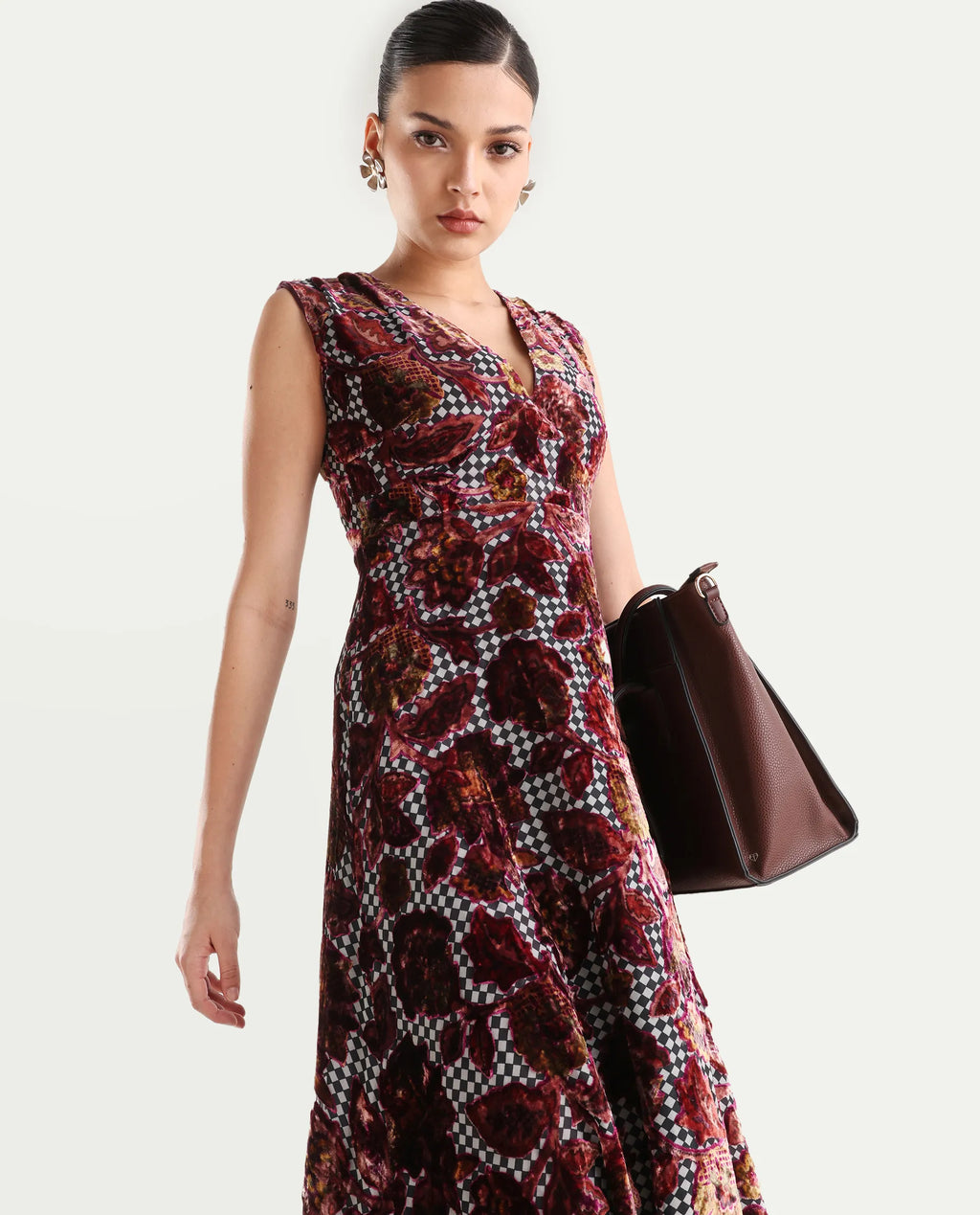 Rareism Women's Manila Multi Velvet V-Neck Floral Print Maxi Fit And Flare Dress