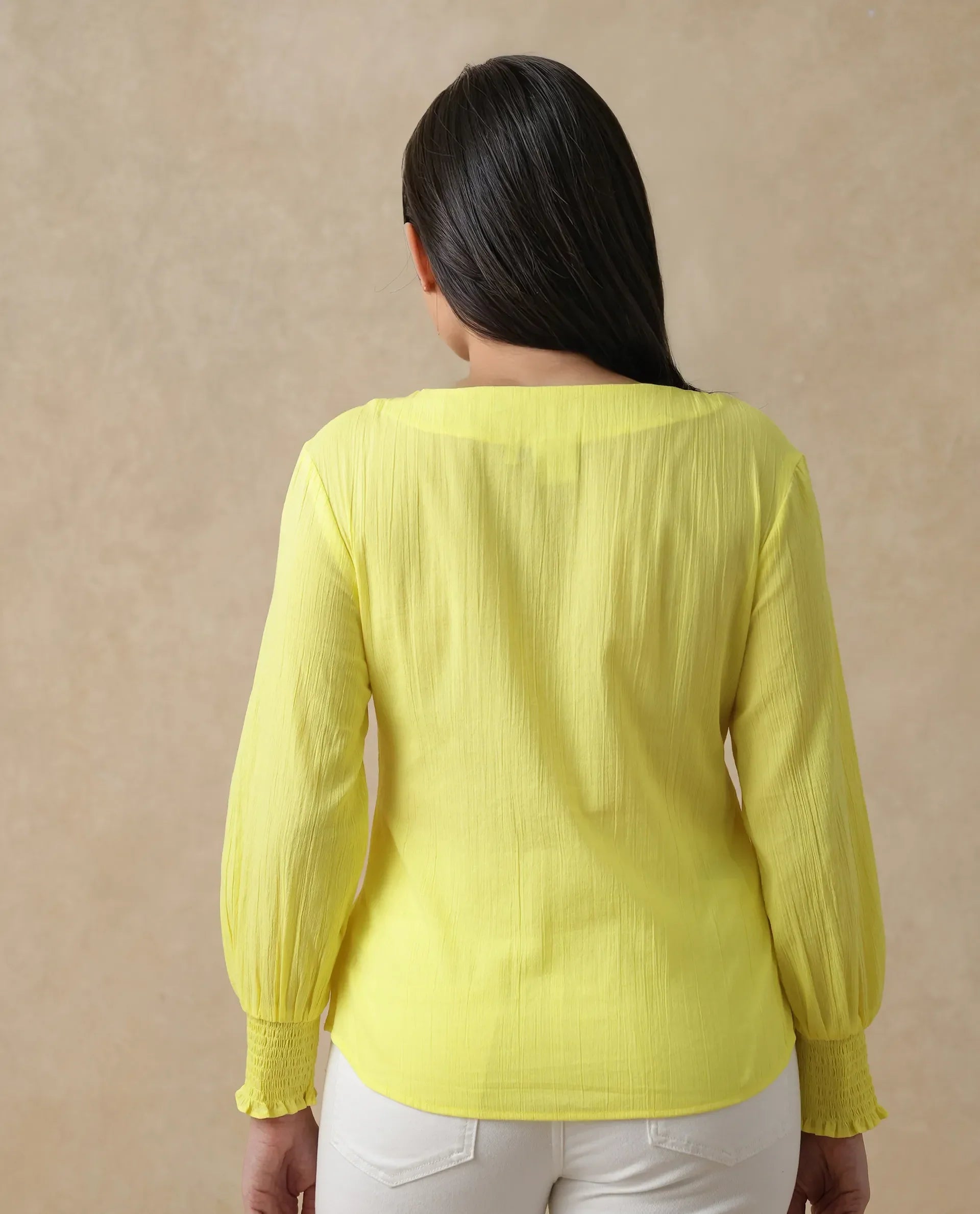 Rareism Women's Mante Yellow Cotton Crew Neck Plain Bishop Sleeve Regular Fit Top