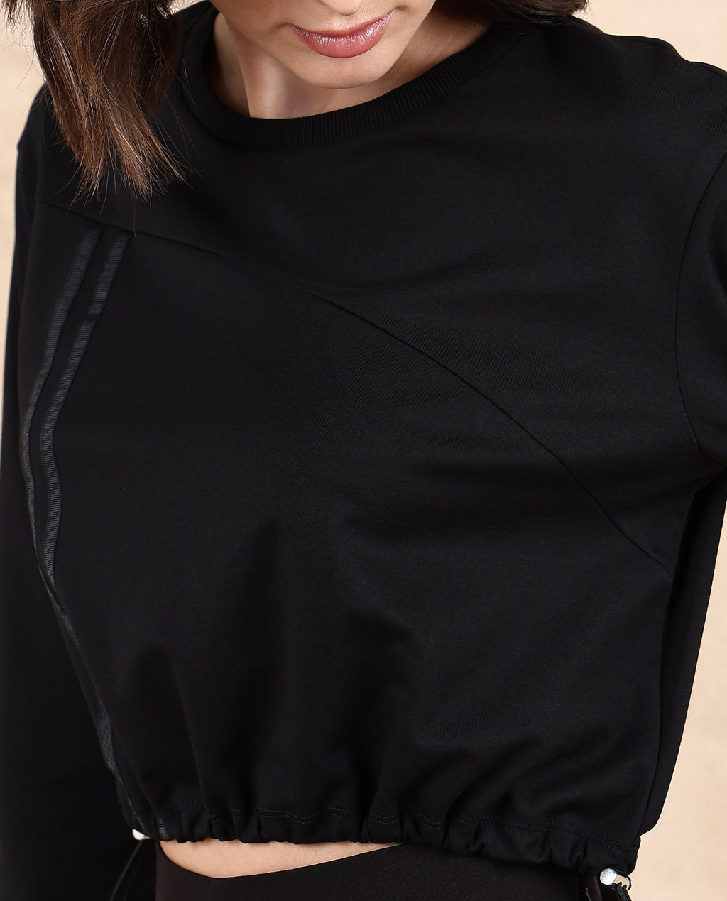 Rareism Women's Maple Black Cotton Blend Crew Neck Plain Crop Relaxed Fit Sweatshirt