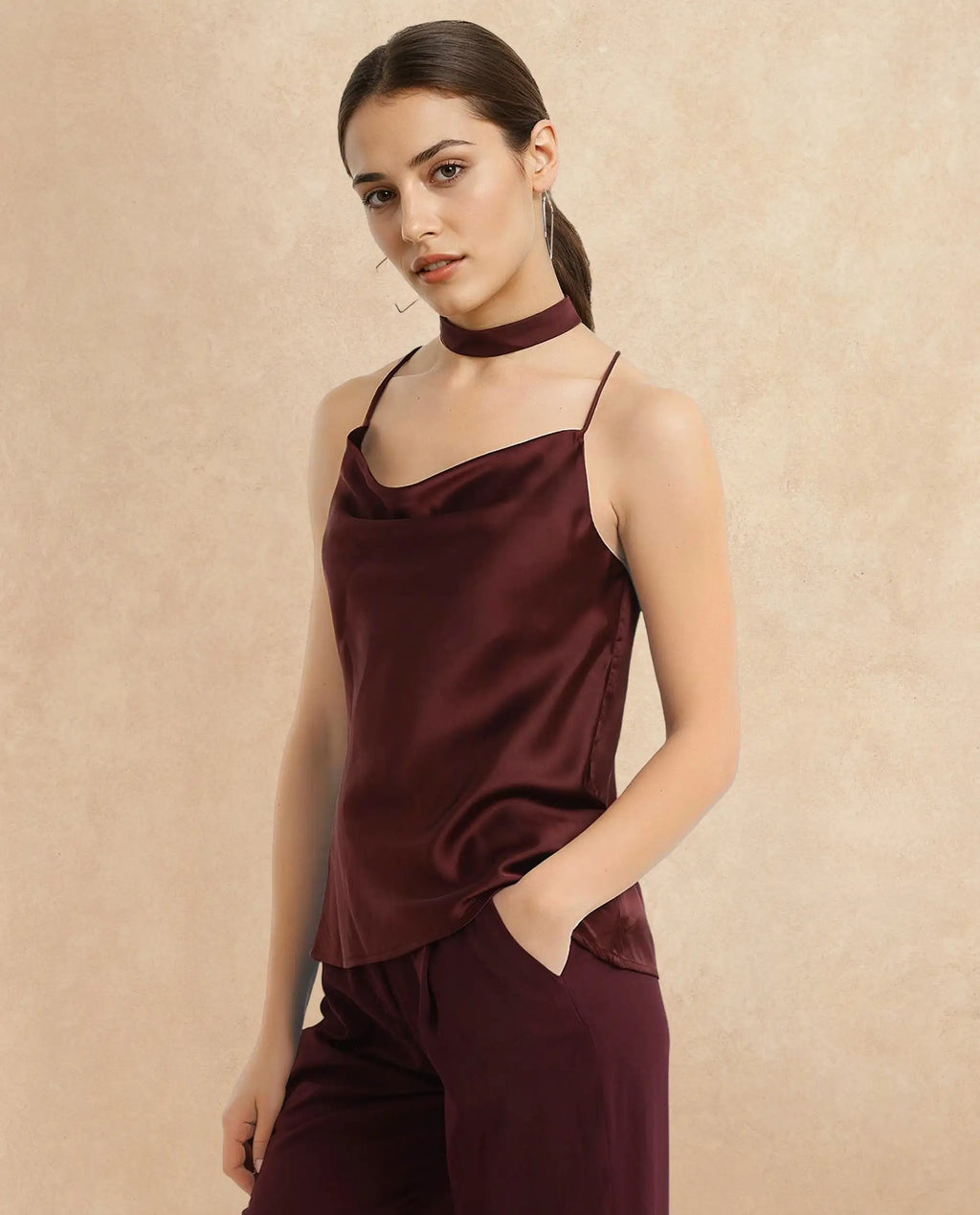 Rareism Women's Marano Maroon Polyester Cowl Neck Plain Shoulder Strap Regular Fit Top