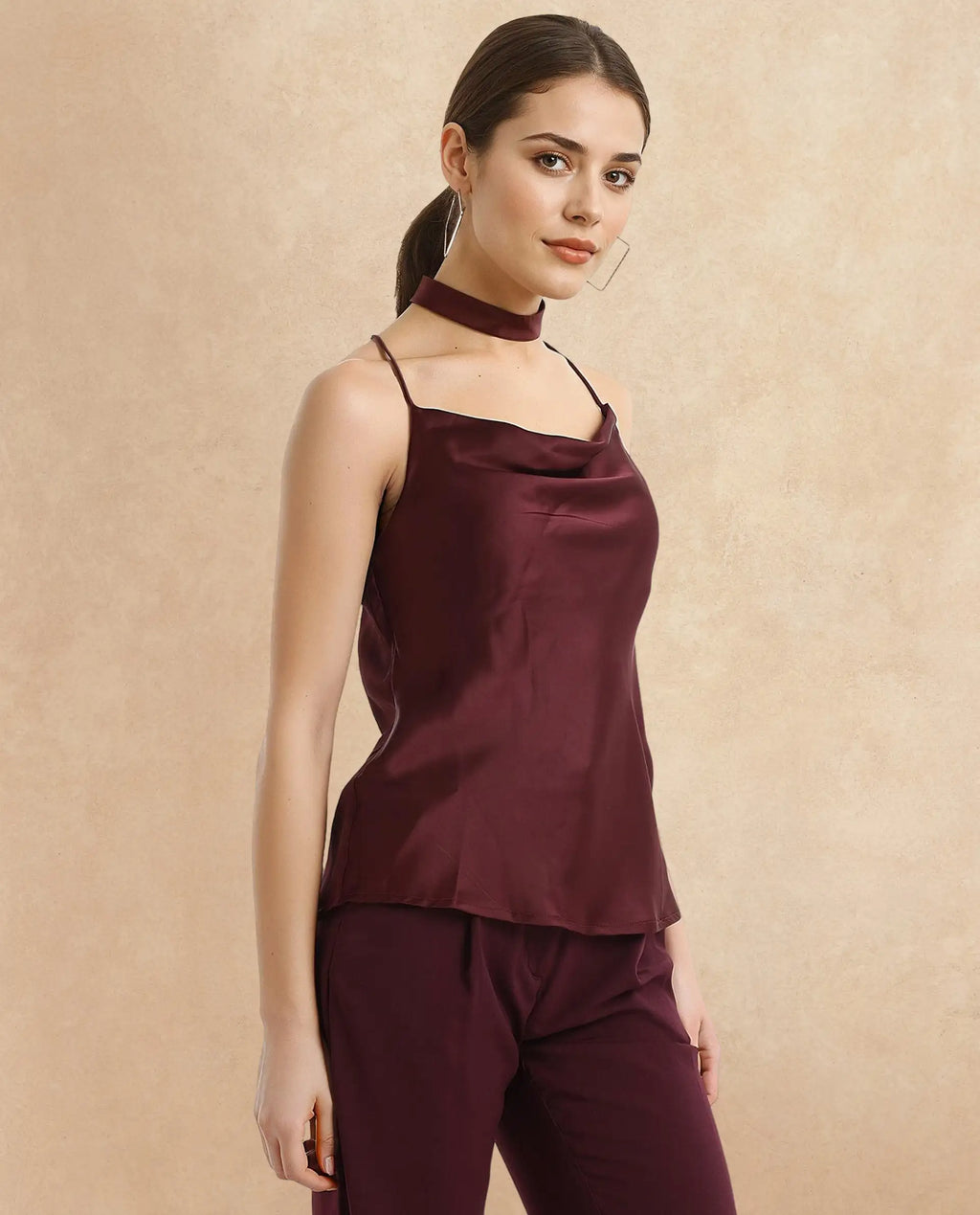 Rareism Women's Marano Maroon Polyester Cowl Neck Plain Shoulder Strap Regular Fit Top
