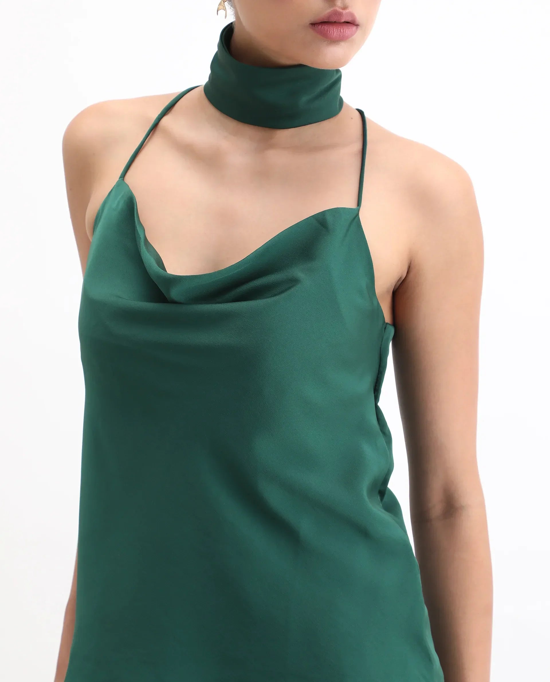 Rareism Women's Marano Olive Polyester Cowl Neck Plain Shoulder Strap Regular Fit Top
