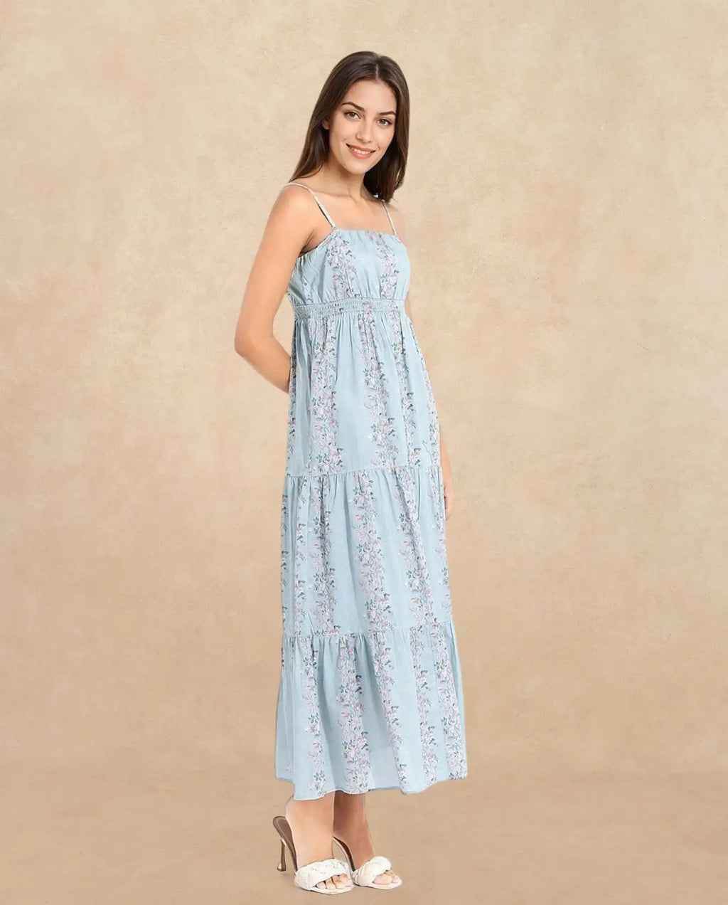 Rareism Women's Marantt Dusky Blue Cotton Shoulder Strap Floral Print Shoulder Strap Maxi Fit And Flare Dress