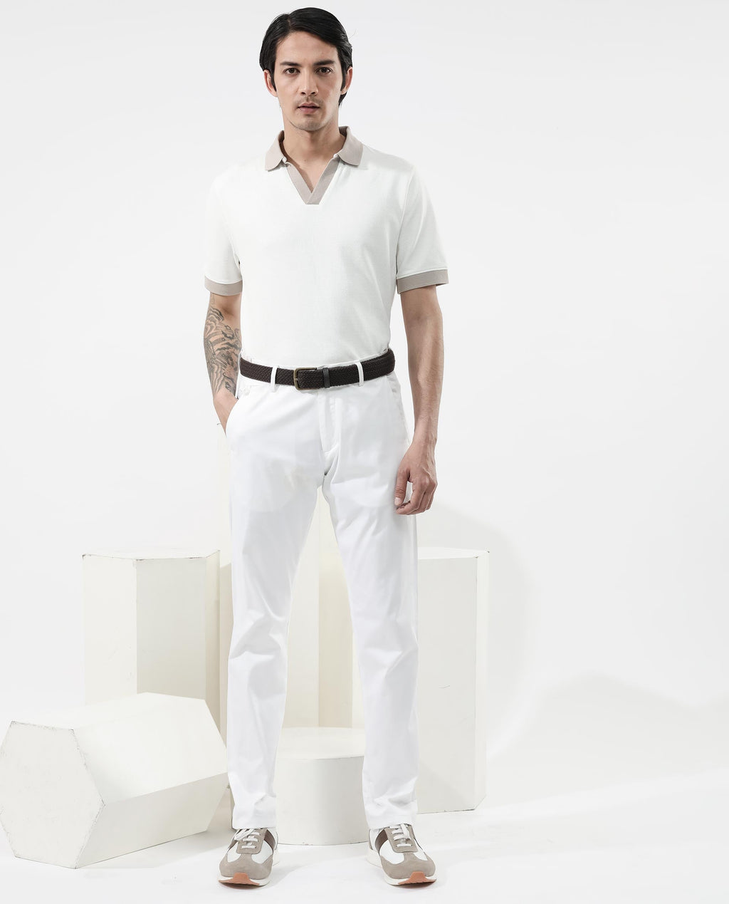 Rare Rabbit Men's Marcelo Off White Cotton Blend Plain Regular Fit Half Sleeve Polo