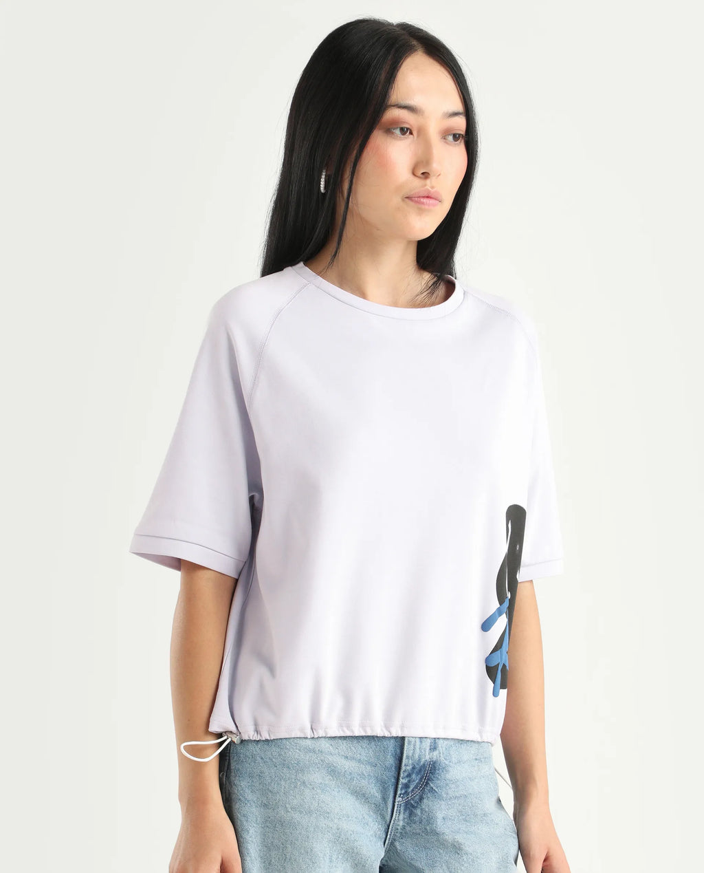 Rareism Women's Marco Pastel Purple Cotton Blend Crew Neck Graphic Print Relaxed Fit T-Shirt