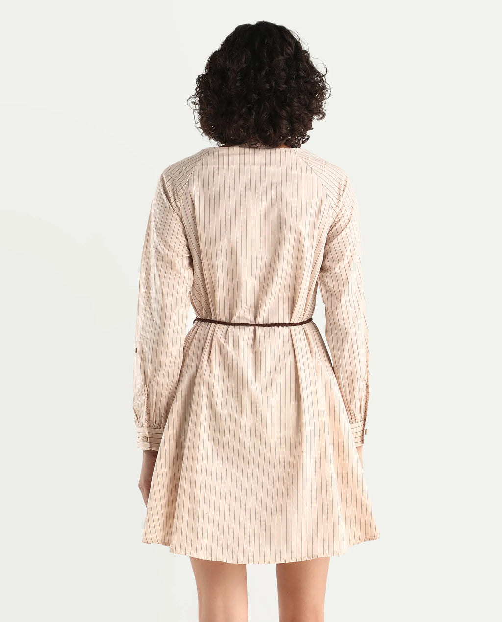 Rareism Women's Margaret Beige V-Neck Striped Mini A-Line Dress