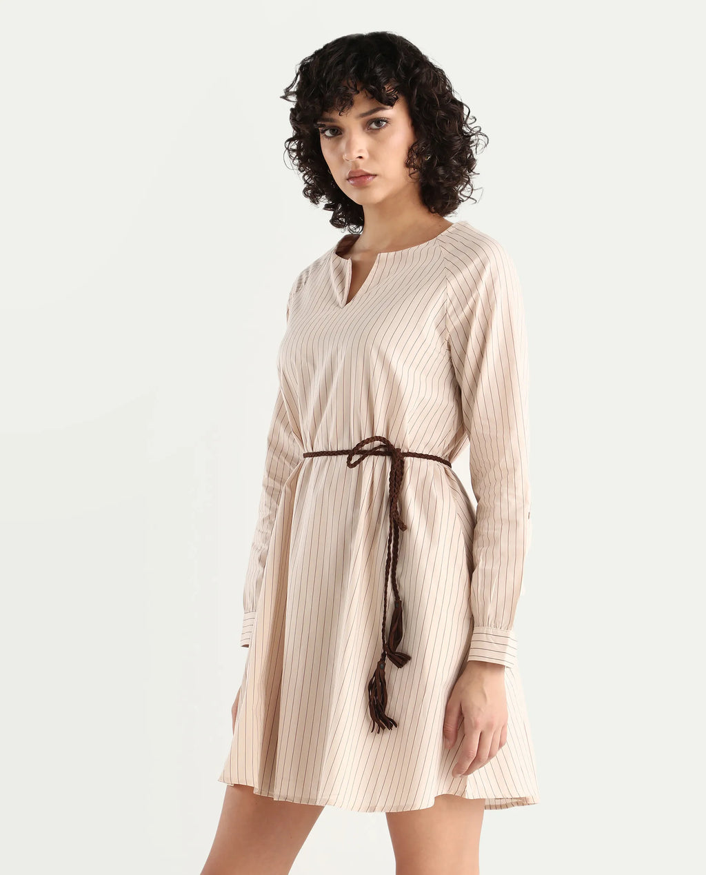 Rareism Women's Margaret Beige V-Neck Striped Mini A-Line Dress